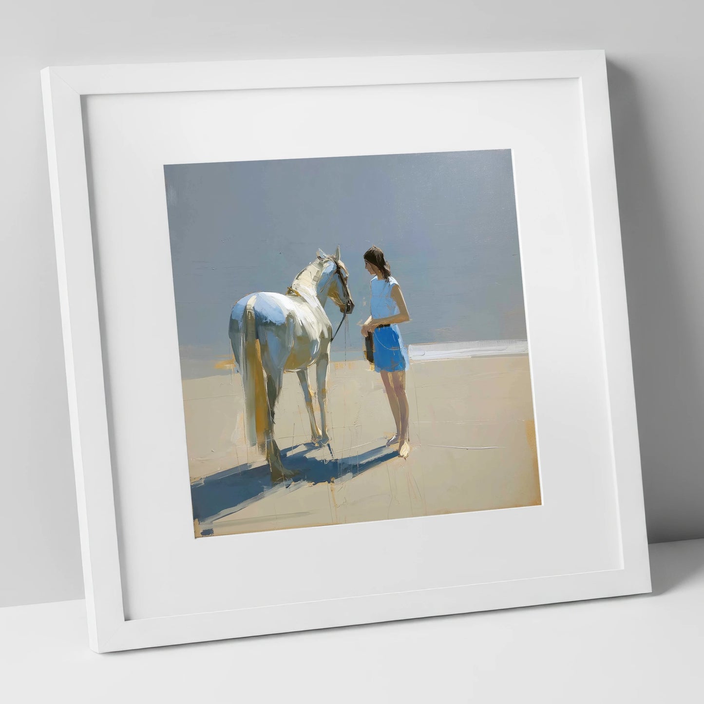 Sunlit Serenity in Blue horse & rider art print in white frame