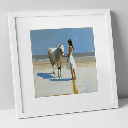 Serenity at Tide's Edge horse & rider art print in white frame
