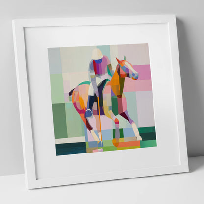 Geometric Polo Strike polo horse art print in white frame
