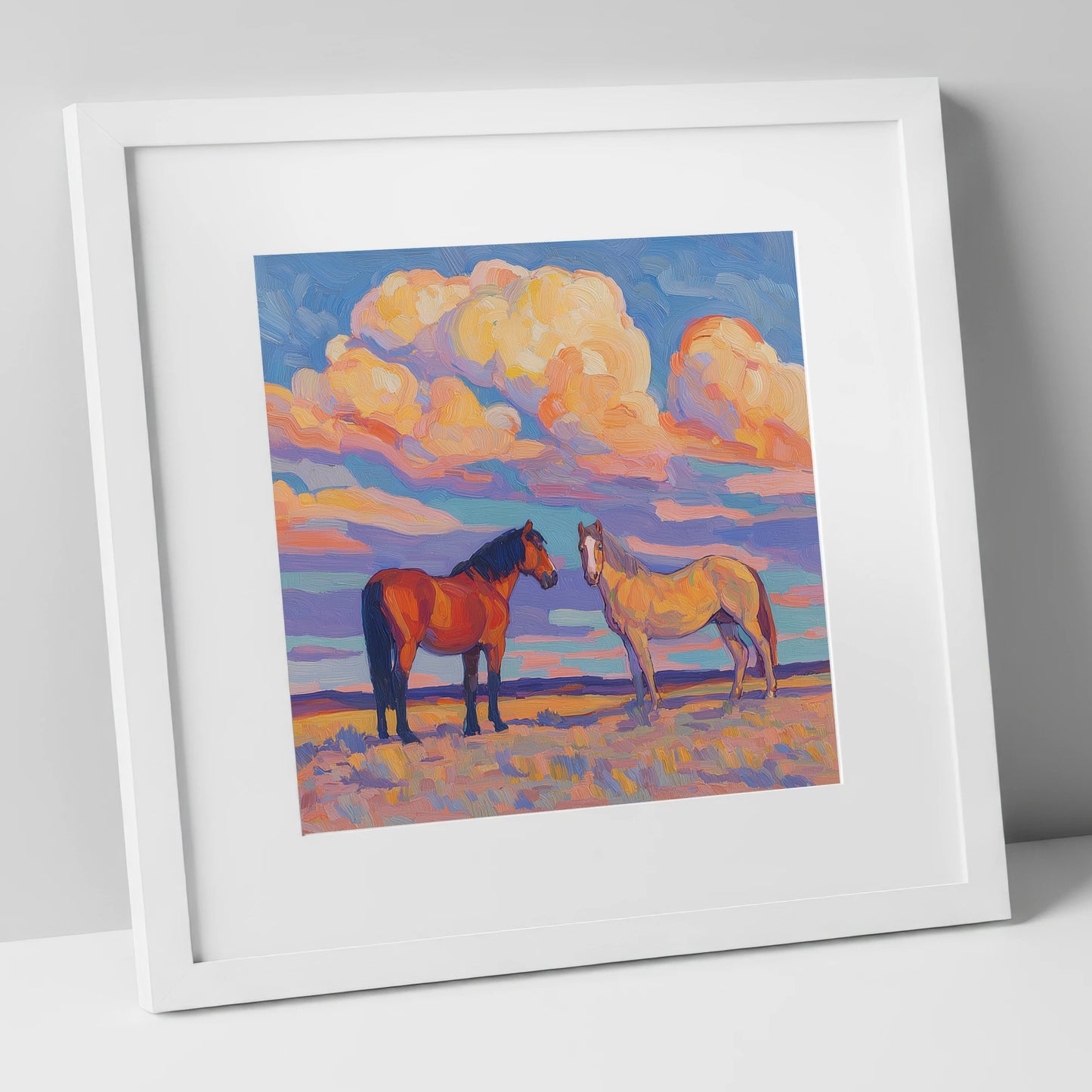 Under Painted Skies horse landscape art print in white frame