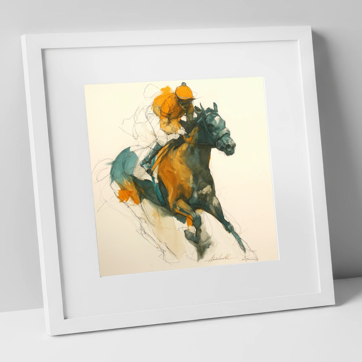 Amber Surge racing horse art print in white frame