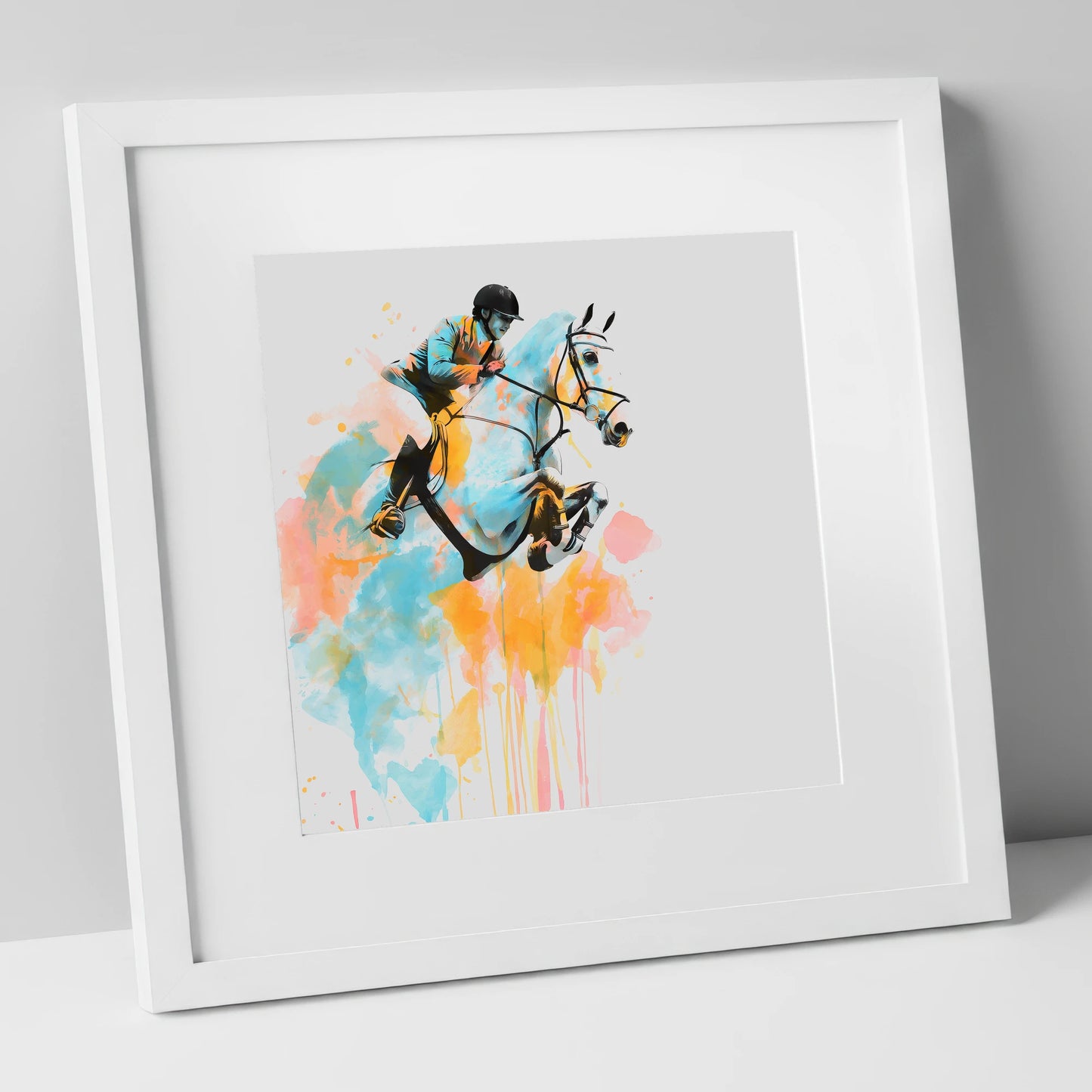 Suspended in Colour show jumping horse art print in white frame