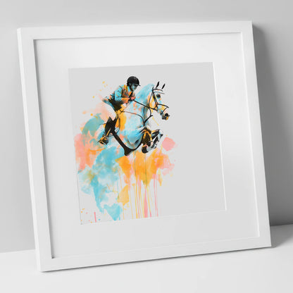 Suspended in Colour show jumping horse art print in white frame