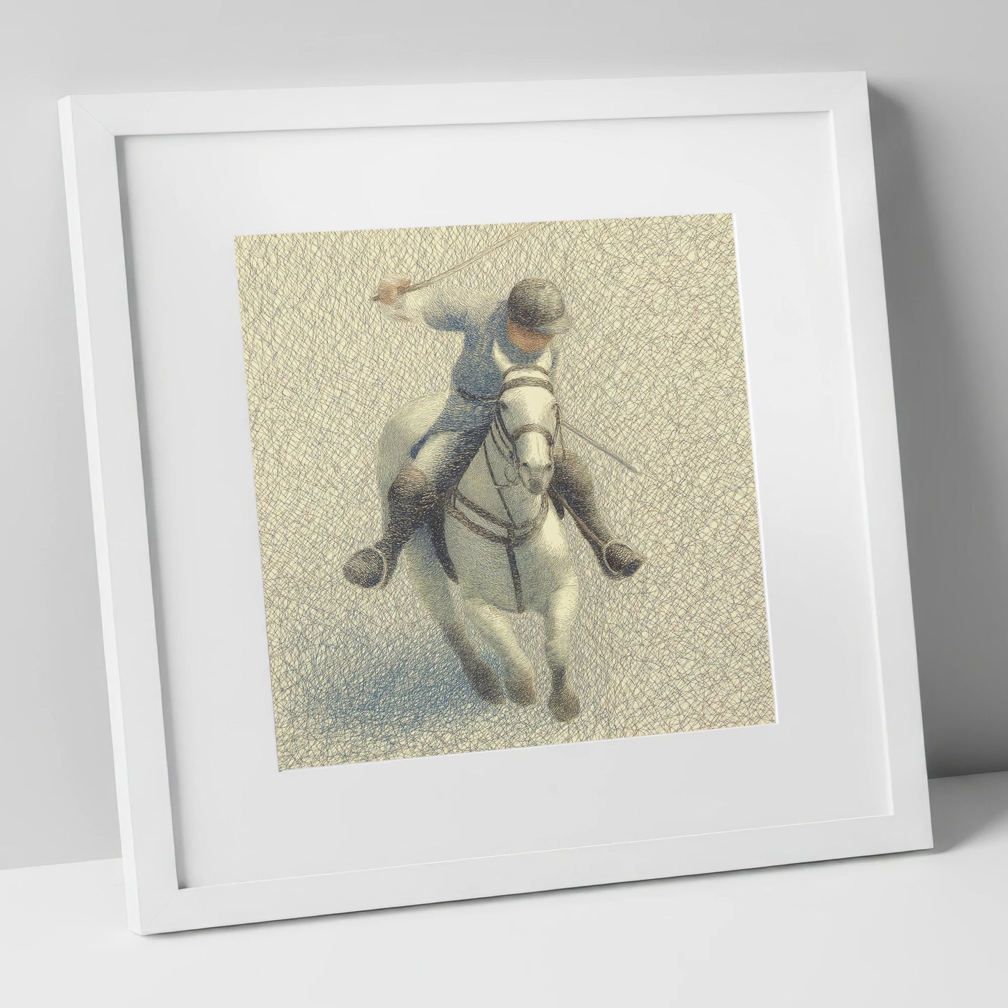Midfield Precision polo horse art print in white frame
