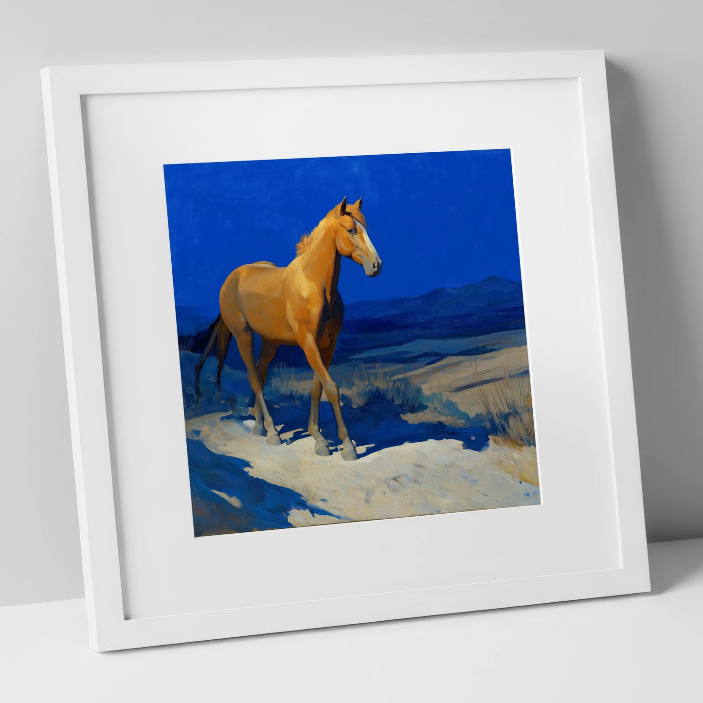Sunlit Chestnut Stride horse landscape art print in white frame