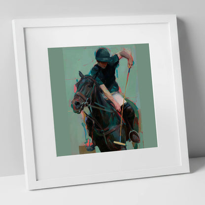 The Decisive Swing polo horse art print in white frame
