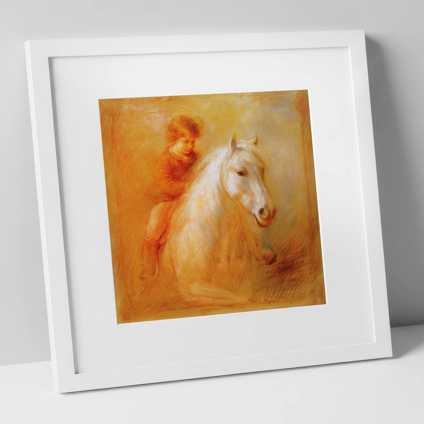 The Bareback Bond horse & rider art print in white frame