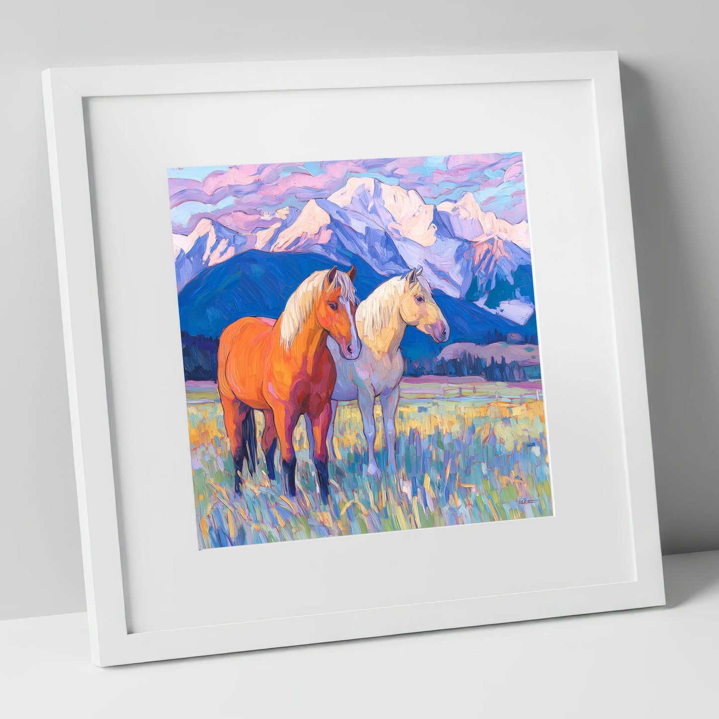 Painted Mountain Pasture horse landscape art print in white frame
