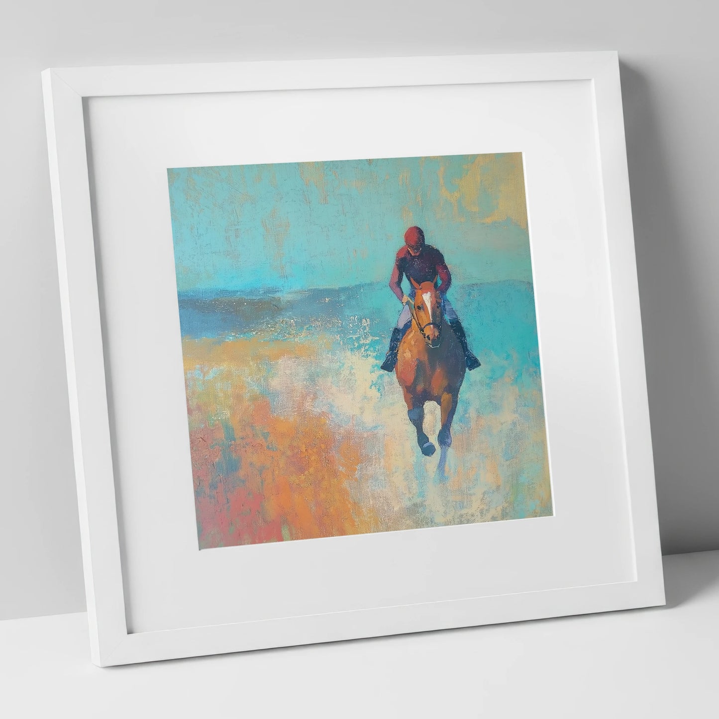 The Morning Gallop racing horse art print in white frame