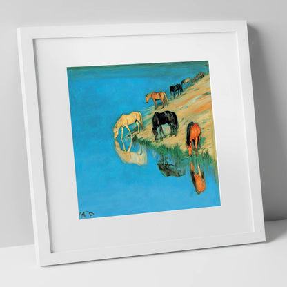 Azure Bank Reflections wild horses art print in white frame