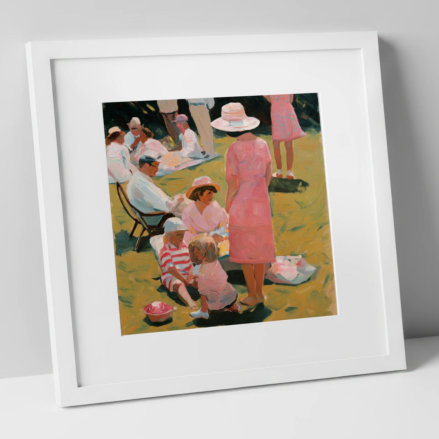 Summer Race Enclosure racing horse art print in white frame