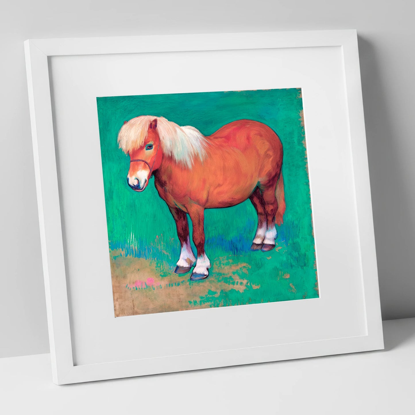 Emerald Chestnut Pony horse breed art print in white frame
