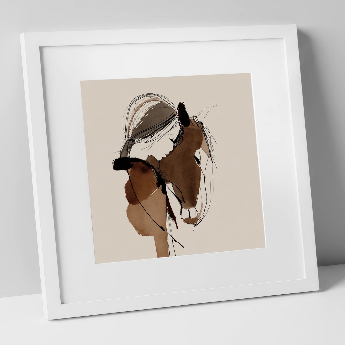 Silent Communion horse & rider art print in white frame