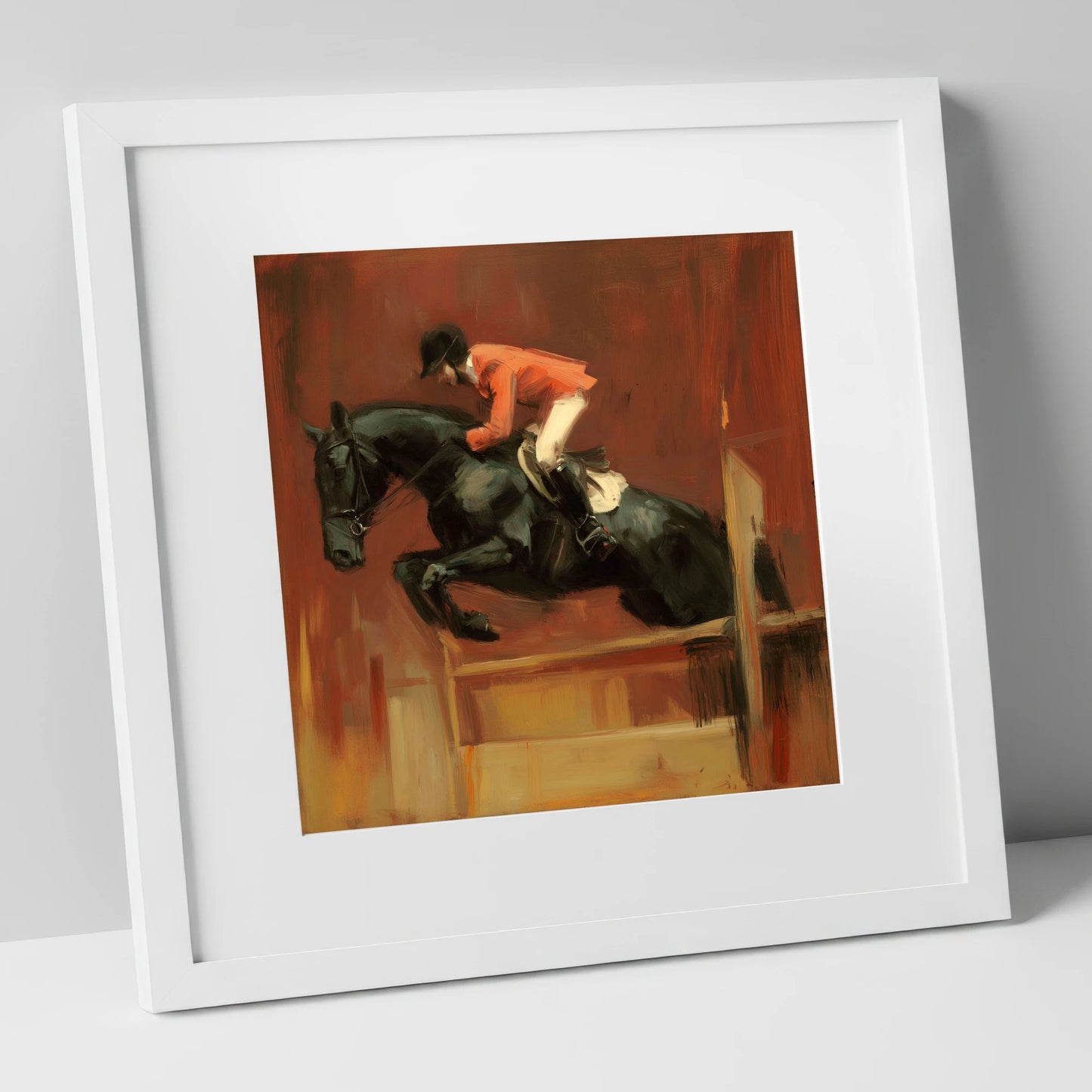 The Bold Leap show jumping horse art print in white frame