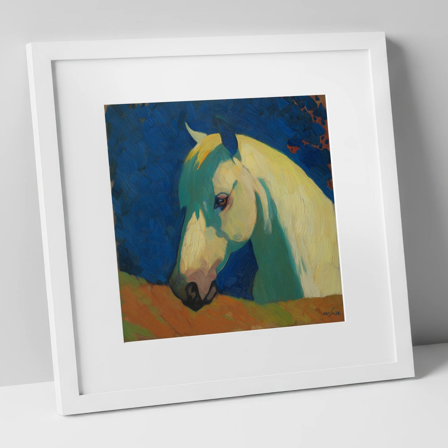 The Vibrant Grey horse portrait art print in white frame