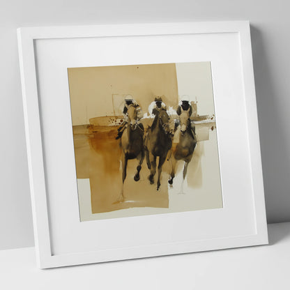 The Home Straight racing horse art print in white frame