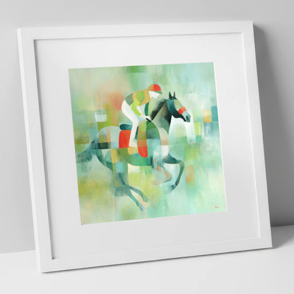 Abstract Turf Stride racing horse art print in white frame