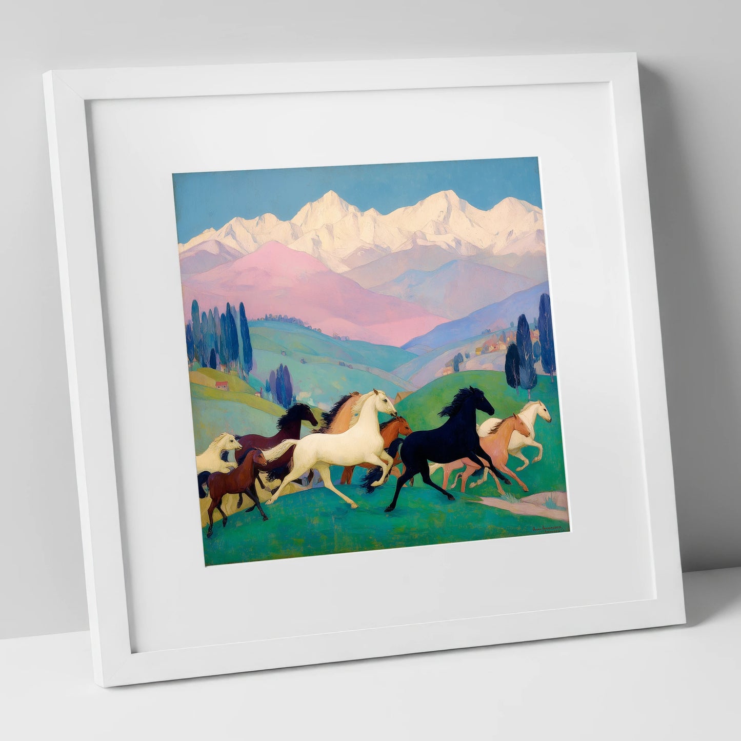 Vibrant Alpine Herd horse landscape art print in white frame