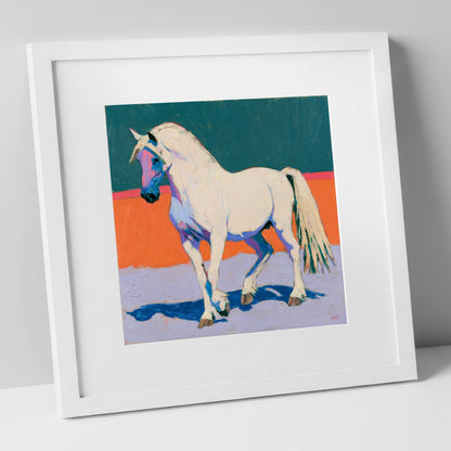 White Horse in Vivid Colours horse breed art print in white frame
