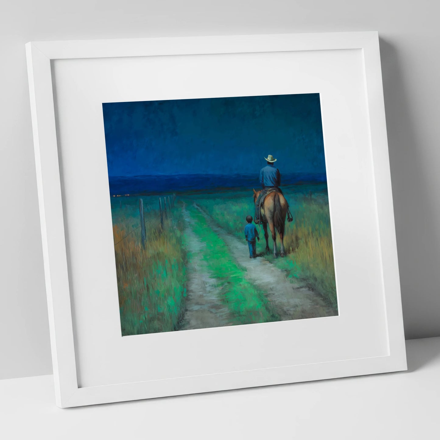 Nightfall Companions horse & rider art print in white frame