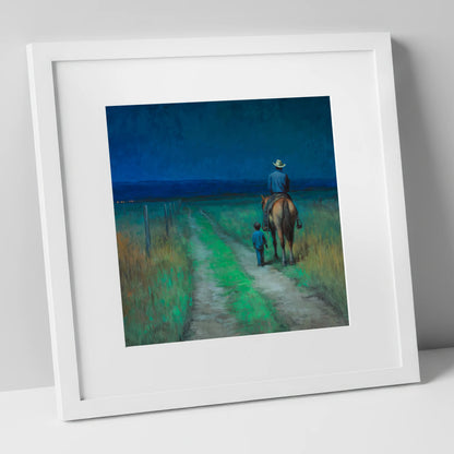 Nightfall Companions horse & rider art print in white frame