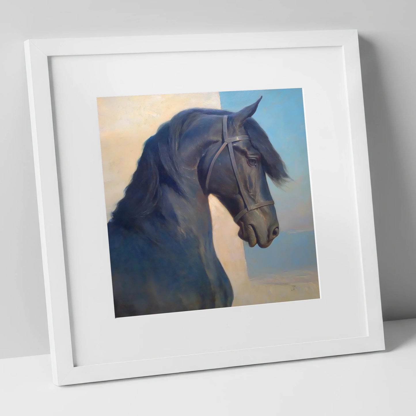 Noble Black Profile horse breed art print in white frame