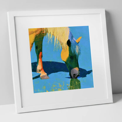 Vibrant Horse Drinking Water horse breed art print in white frame