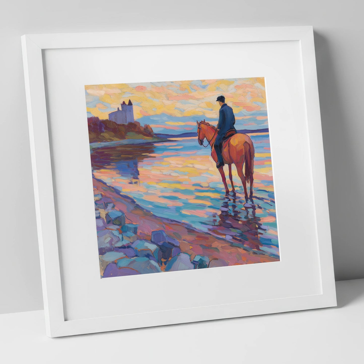 Rider at Castle Bay beach horse art print in white frame
