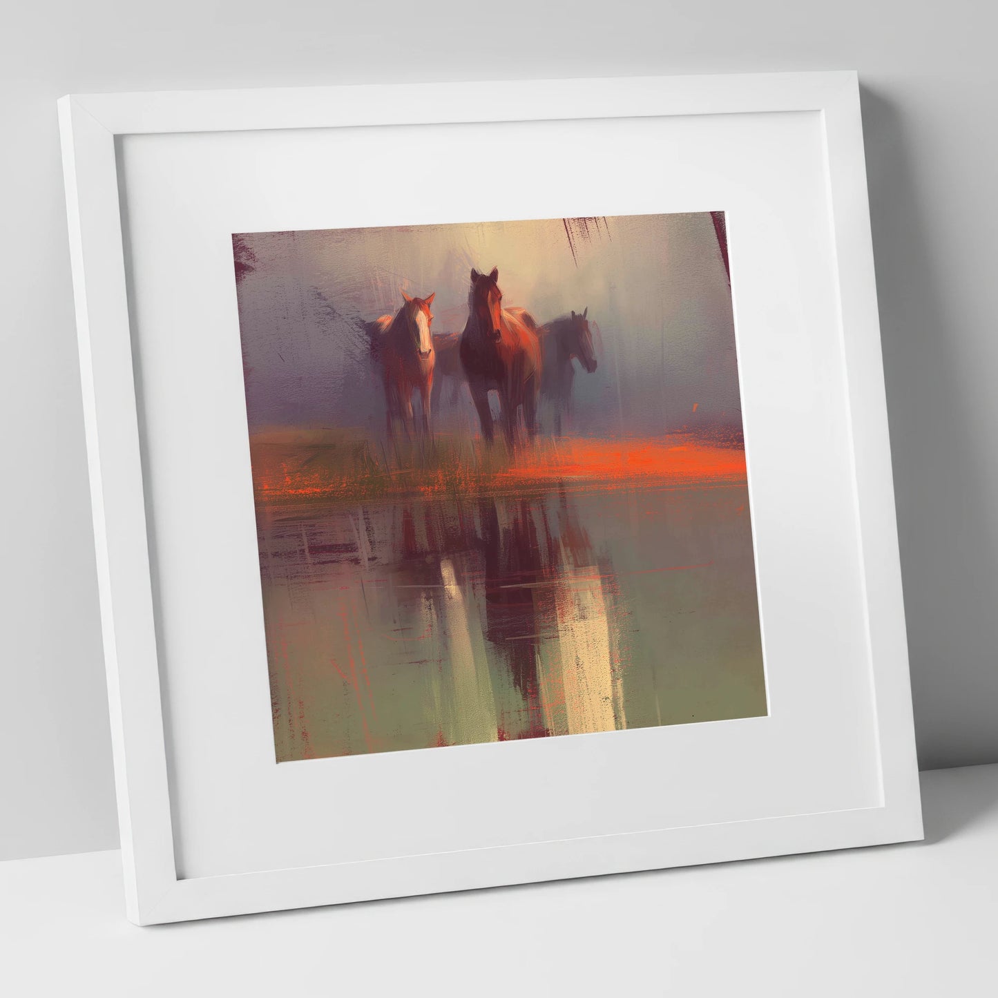 Ember Reflections wild horses art print in white frame