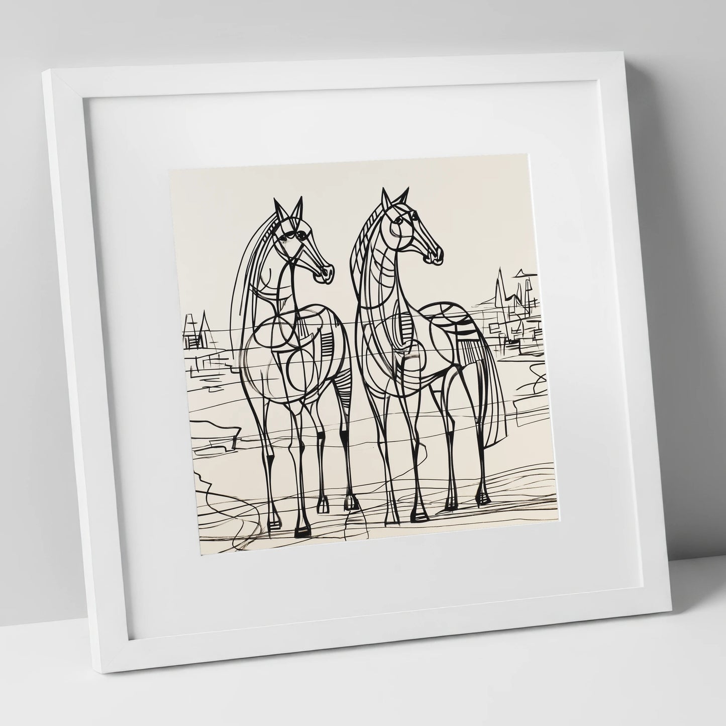 Architectural Equine Duo horse landscape art print in white frame