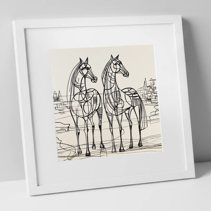 Architectural Equine Duo horse landscape art print in white frame