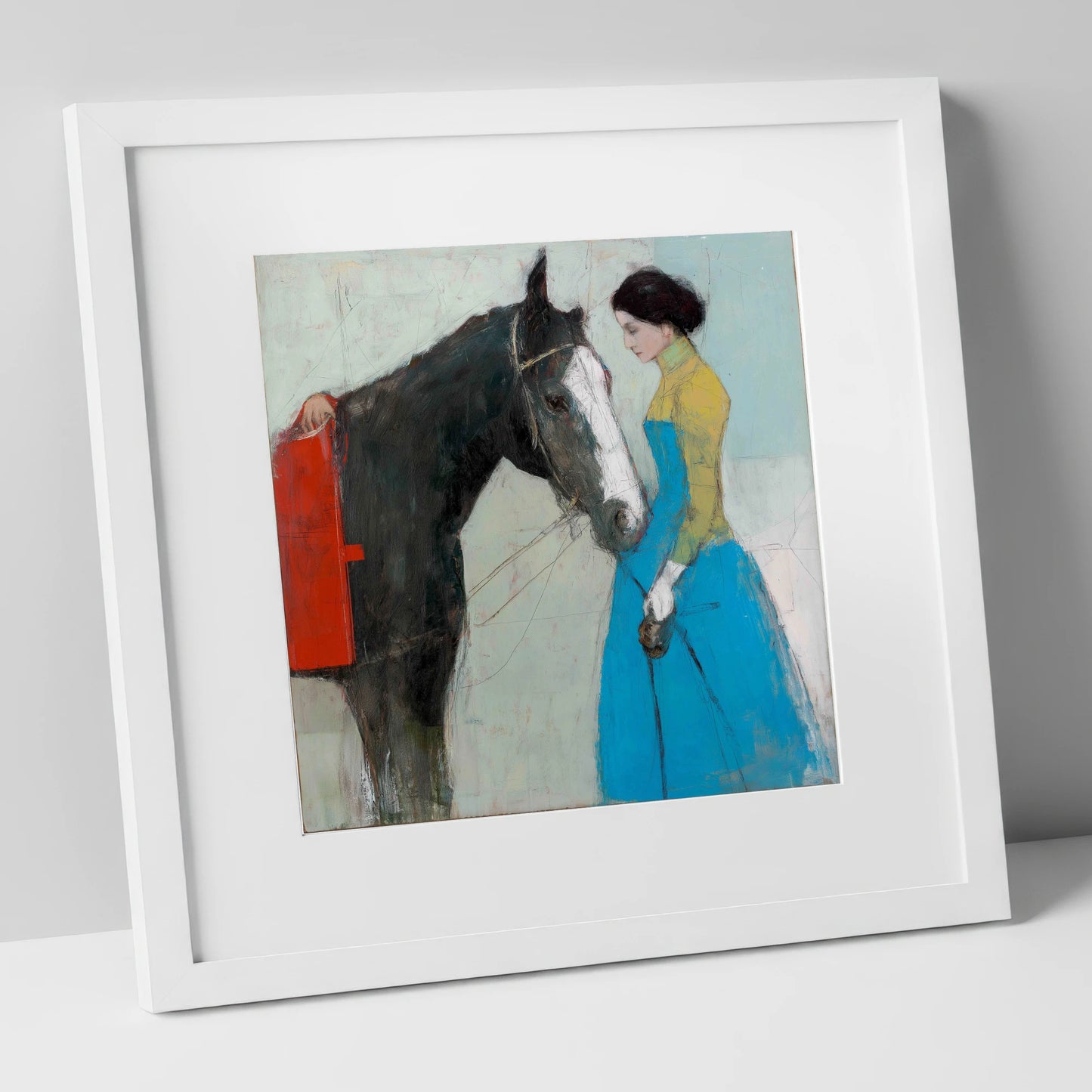Quiet Connection horse & rider art print in white frame