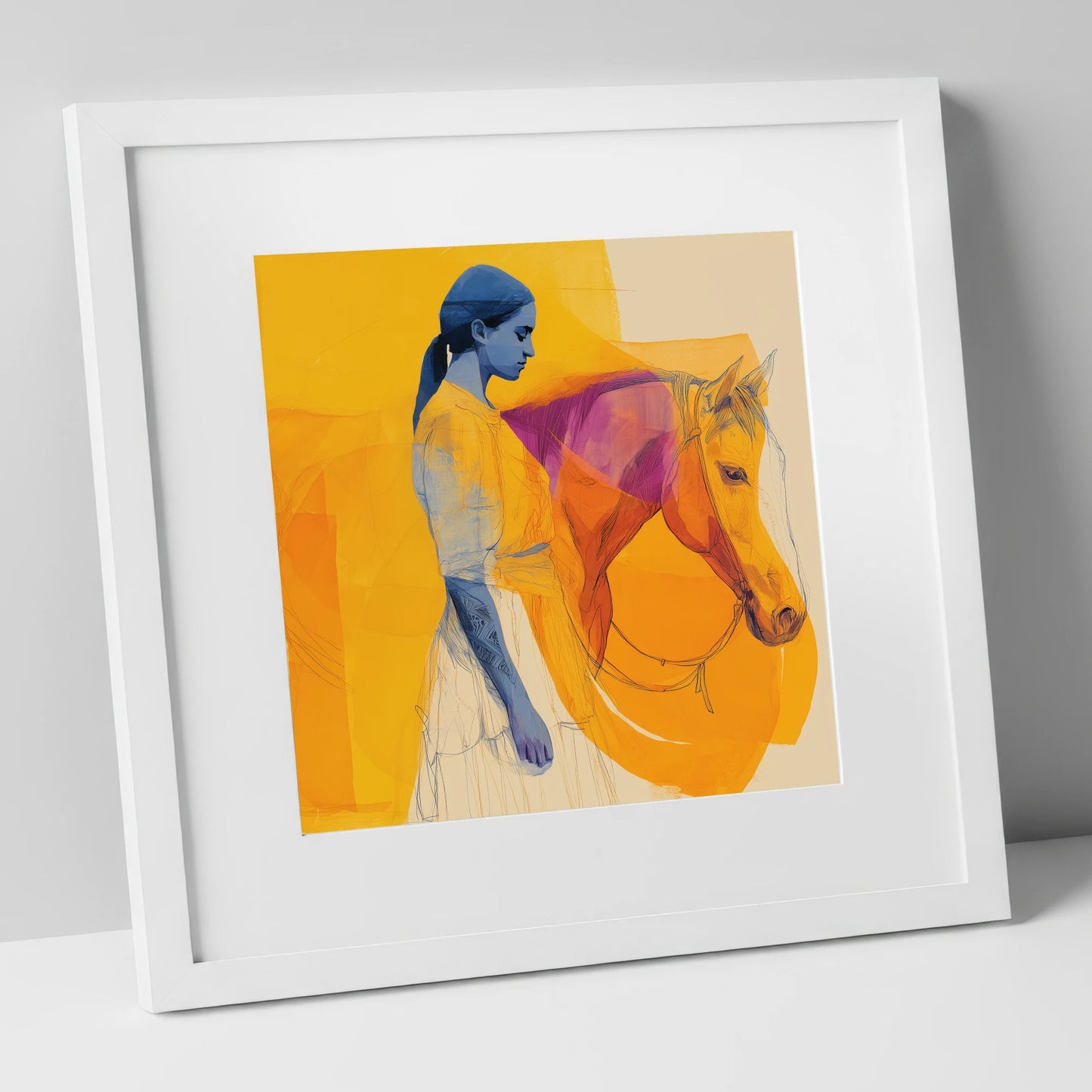 Vivid Bond horse & rider art print in white frame