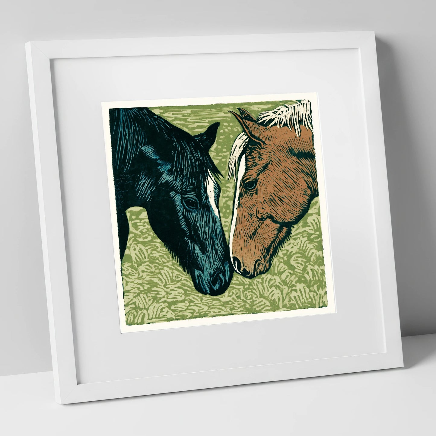 Gentle Greeting horse portrait art print in white frame