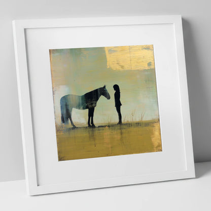 Silent Communion horse & rider art print in white frame