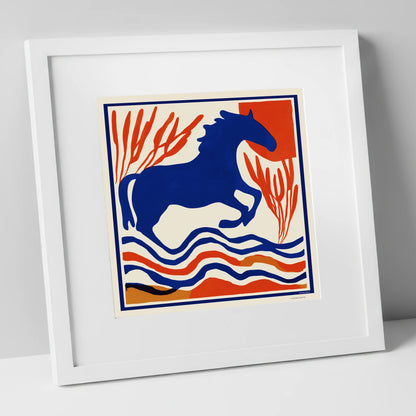 The Cobalt Leap wild horses art print in white frame