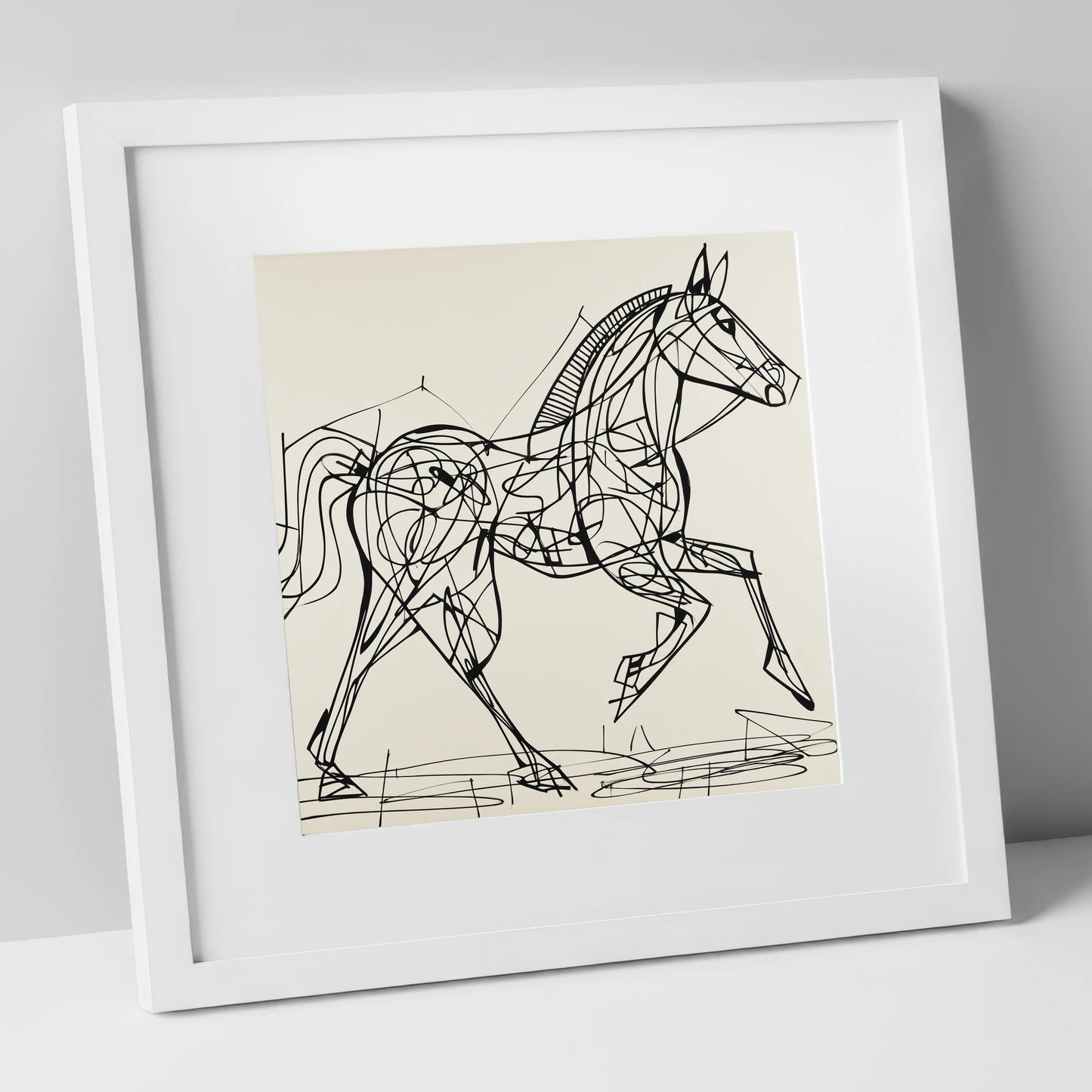 Structural Stride racing horse art print in white frame