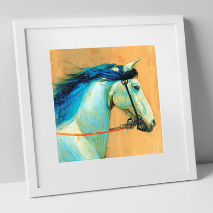 Cerulean Spirit horse portrait art print in white frame