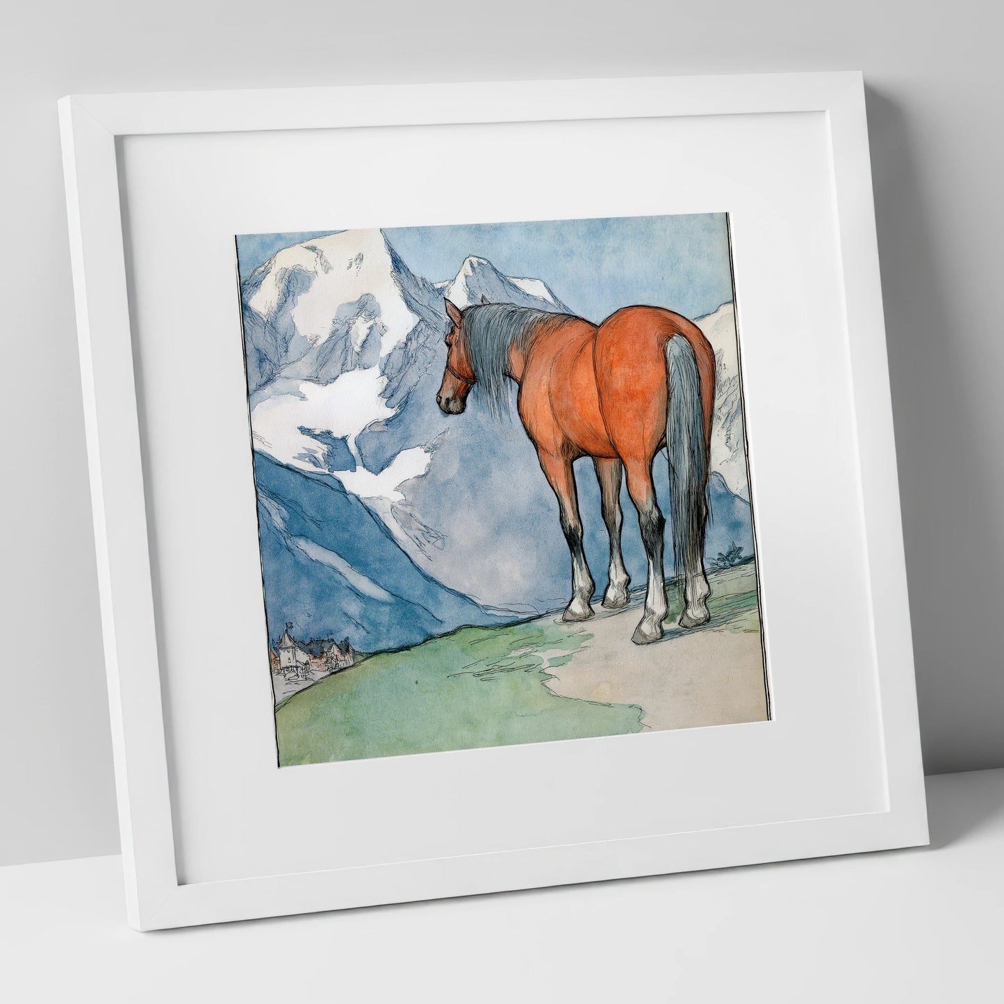 The Mountain Sentinel horse landscape art print in white frame