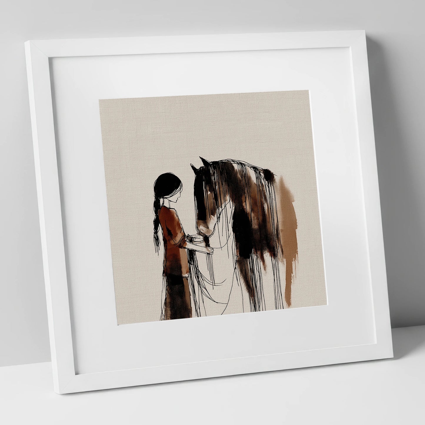 A Quiet Understanding horse & rider art print in white frame