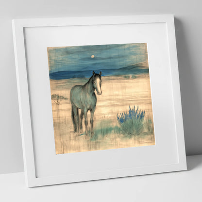 Twilight Moonlit Watch horse landscape art print in white frame