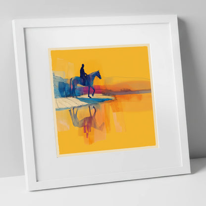 Golden Shoreline Traverse beach horse art print in white frame