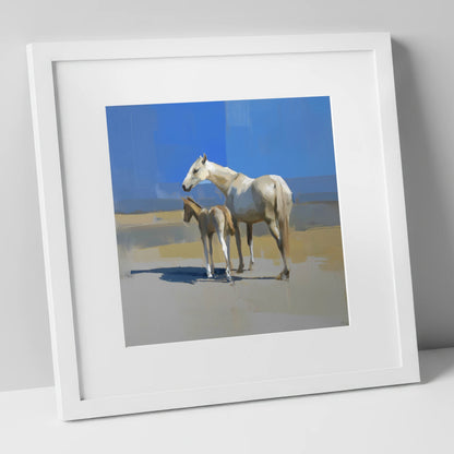 Under the Azure Sky mare & foal art print in white frame