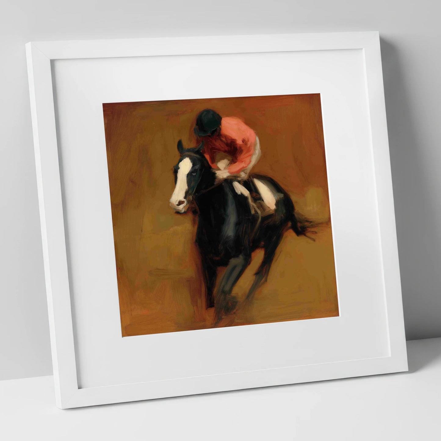 Terracotta Thunder racing horse art print in white frame