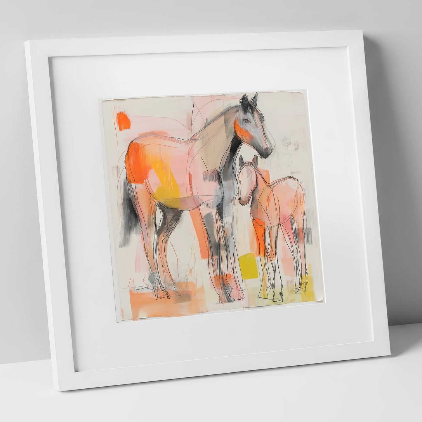 Radiant Beginnings mare & foal art print in white frame
