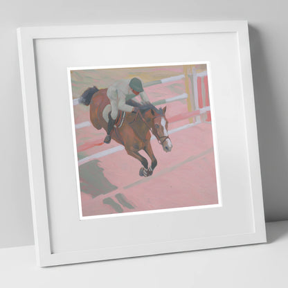 Suspended in Pink show jumping horse art print in white frame