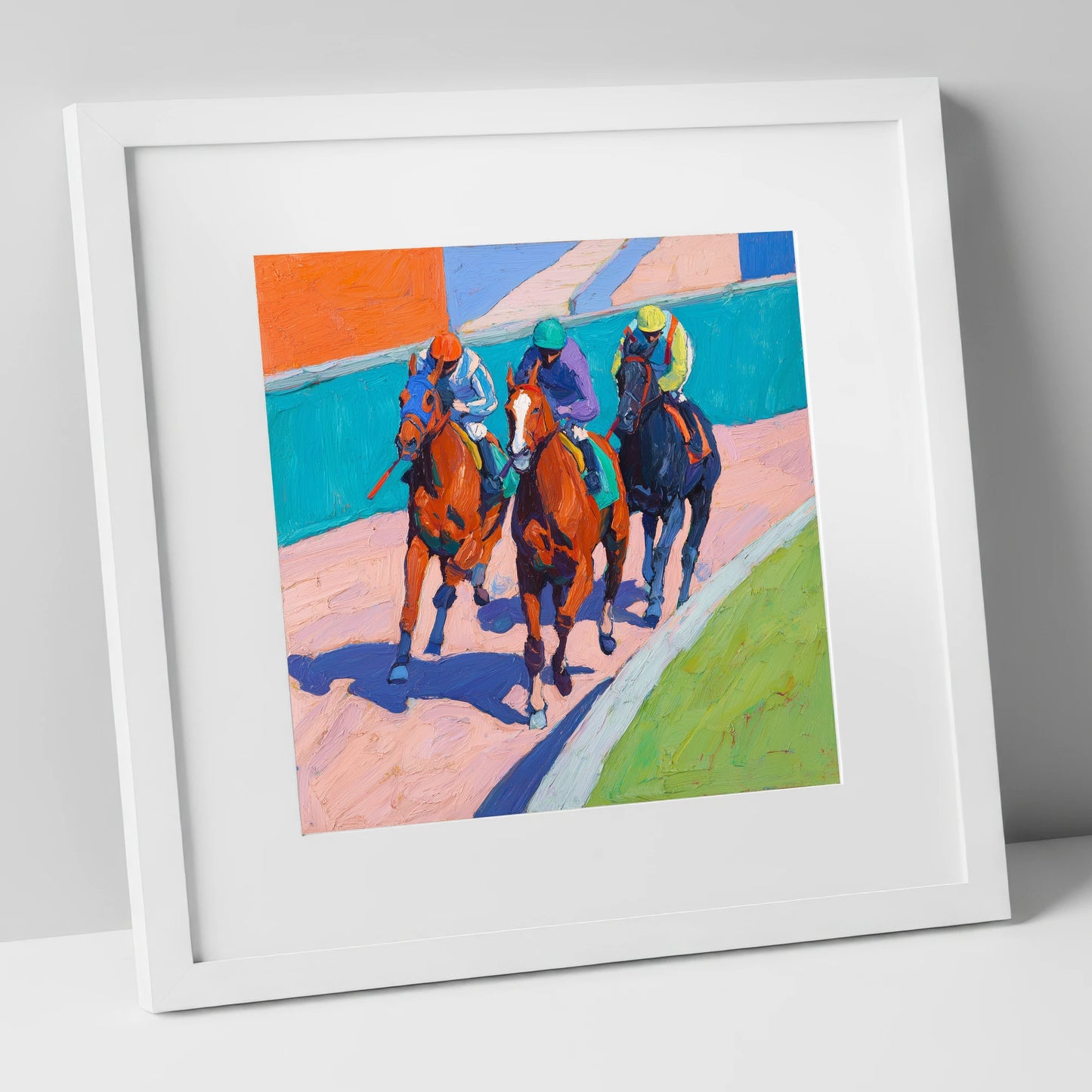 The Final Furlong racing horse art print in white frame