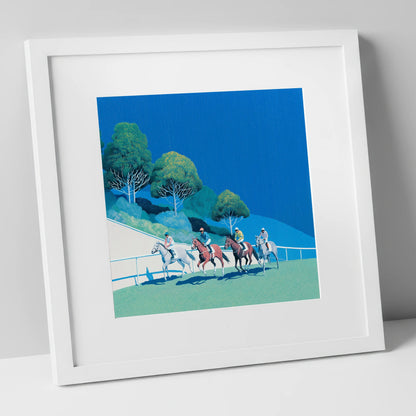 The Cerulean Sprint racing horse art print in white frame
