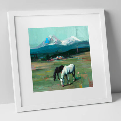 Companions Beneath the Peak horse landscape art print in white frame