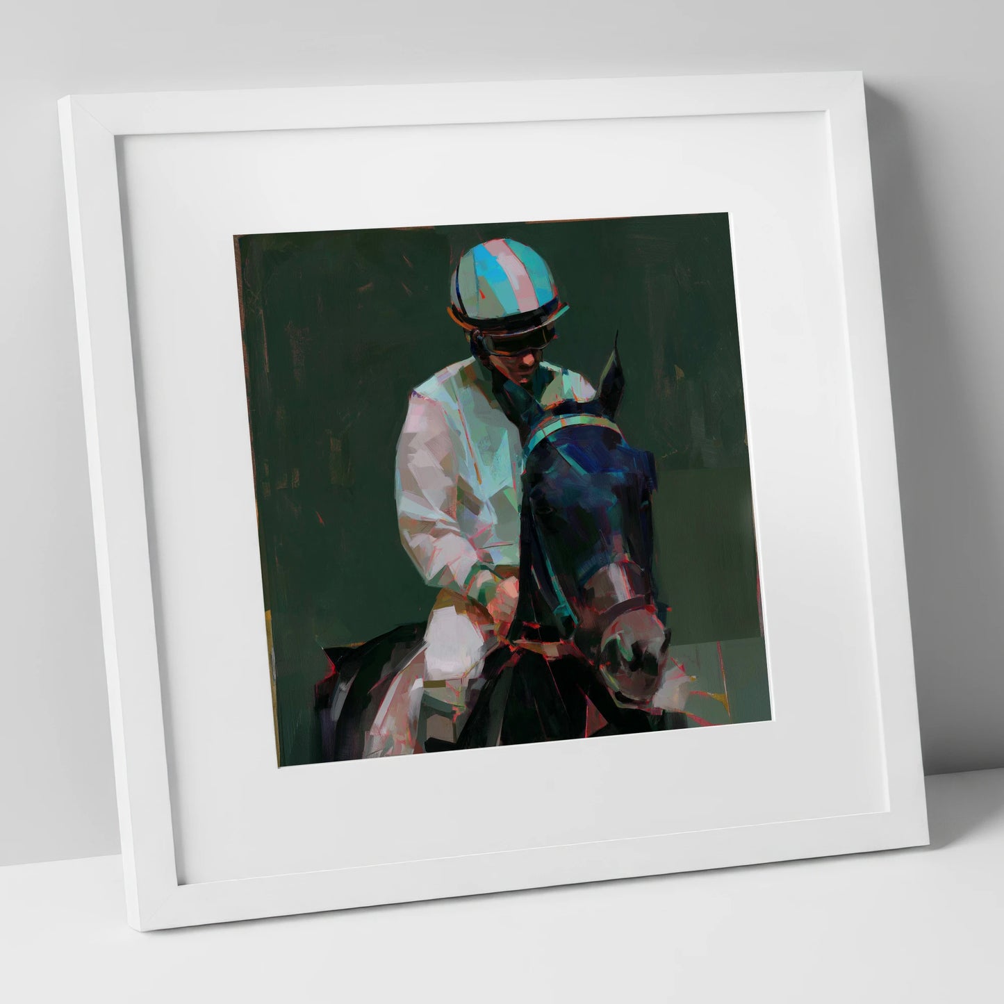 Pre-Race Focus racing horse art print in white frame